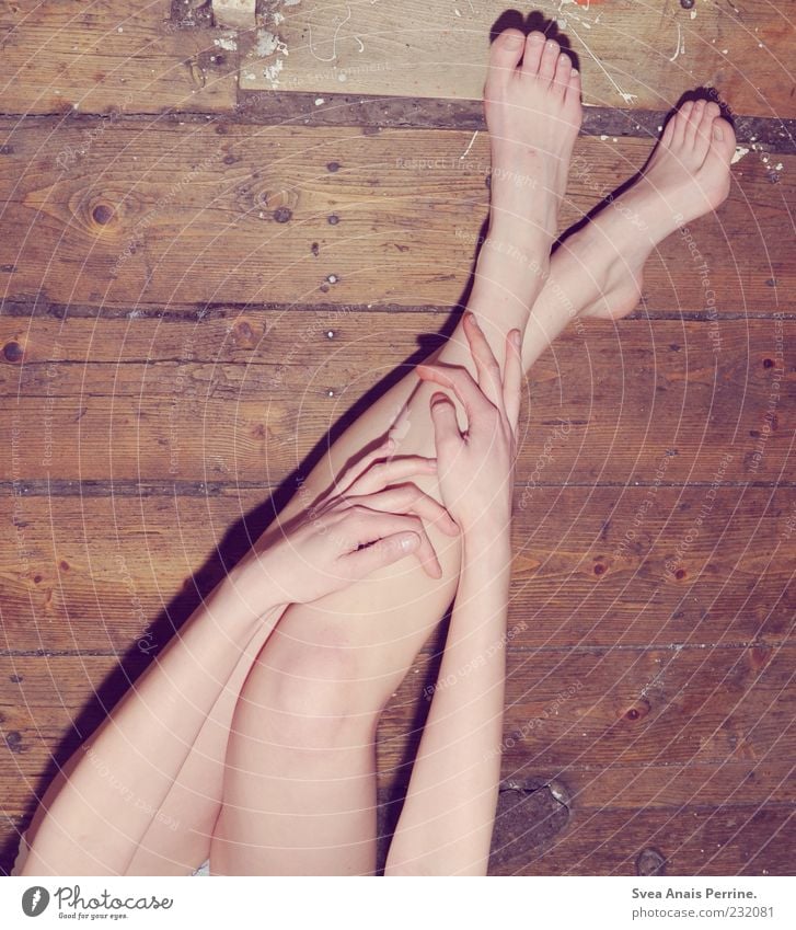zarter trash. Lifestyle feminin Junge Frau Jugendliche Erwachsene Haut Arme Hand Beine Fuß 1 Mensch 18-30 Jahre Holzfußboden sitzen einzigartig dünn Barfuß