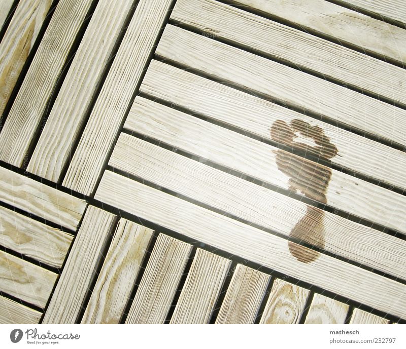 30 Fuß Holz nass Sommer Steg Fußspur Sauna Menschenleer Textfreiraum links Textfreiraum oben Tag Vogelperspektive Barfuß 1