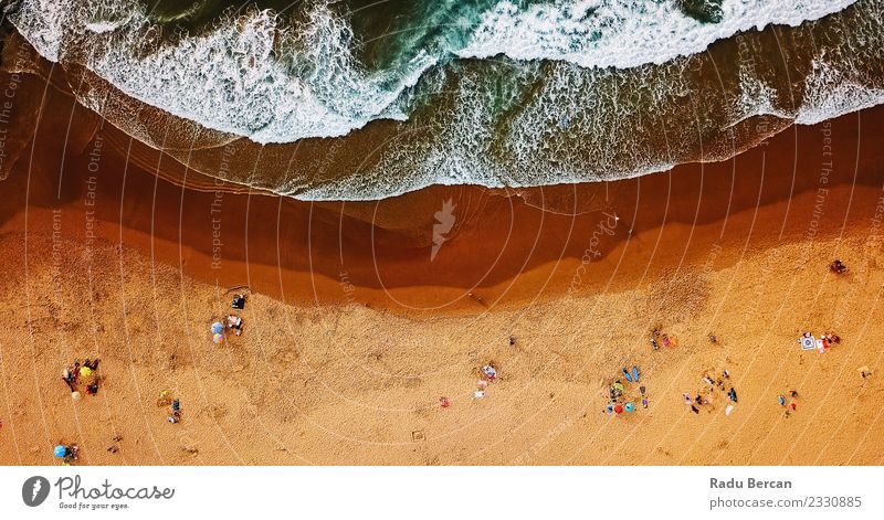 Luftaufnahme von Menschen, die Spaß am Strand in Portugal haben. Lifestyle Schwimmen & Baden Ferien & Urlaub & Reisen Freiheit Sommer Sonnenbad Meer Wellen