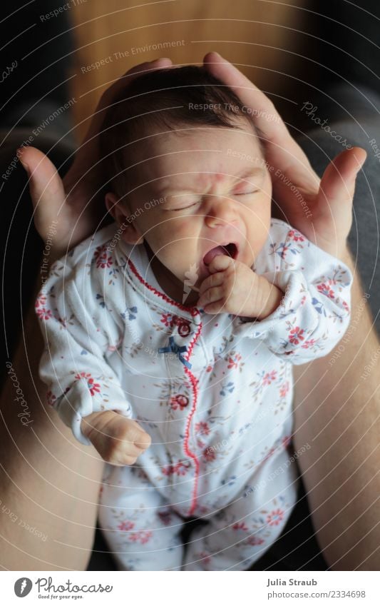 Baby Neugeboren Hände Schlafanzug müde feminin 1 Mensch 0-12 Monate schwarzhaarig kurzhaarig festhalten klein schön weich Leben Fürsorge Zukunft gähnen schreien