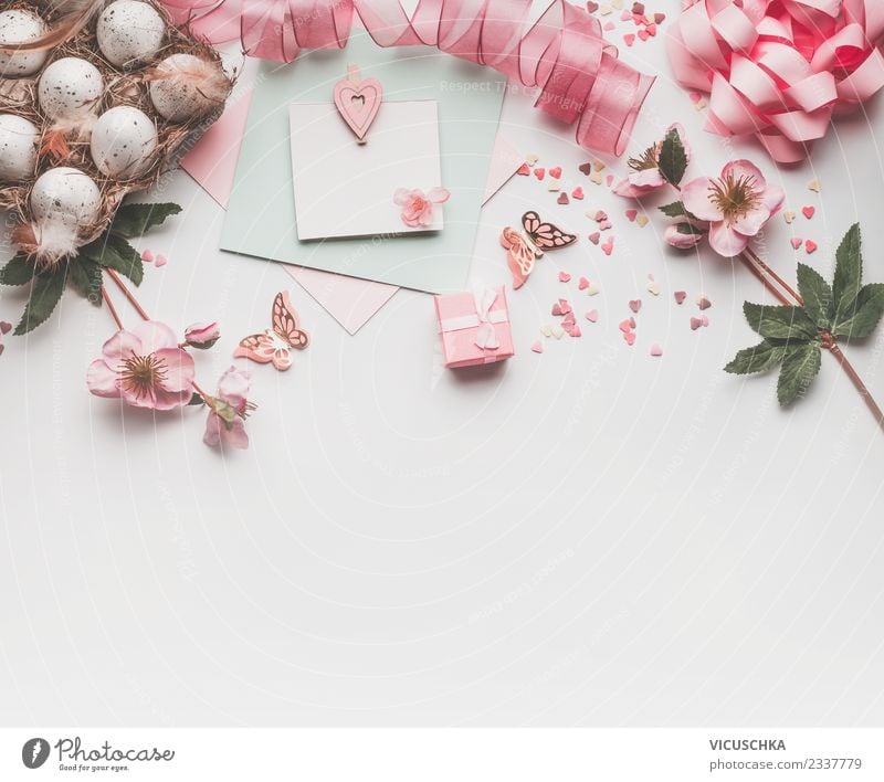 Ostern Hintergrund mit Pastell rosa Dekoration Stil Design Feste & Feiern Frühling Dekoration & Verzierung Blumenstrauß Zeichen springen trendy weiß Tradition