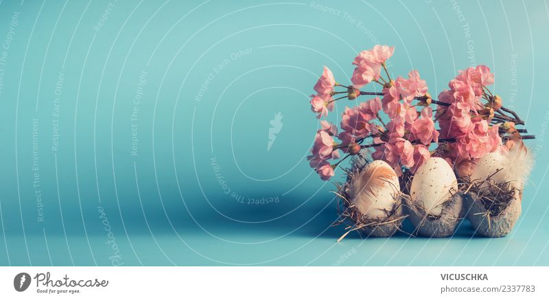 Eier mit Frühlingsblüten Design Dekoration & Verzierung Feste & Feiern Ostern Blatt Blüte Fahne retro schön rosa Stil Tradition Hintergrundbild Osterei Tisch