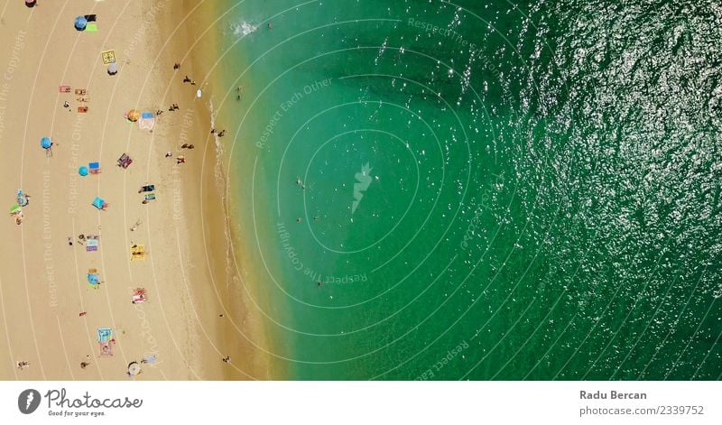 Luftaufnahme der Menschenmenge, die sich am Strand in Portugal entspannt. Lifestyle Schwimmen & Baden Ferien & Urlaub & Reisen Sommer Sommerurlaub Sonne