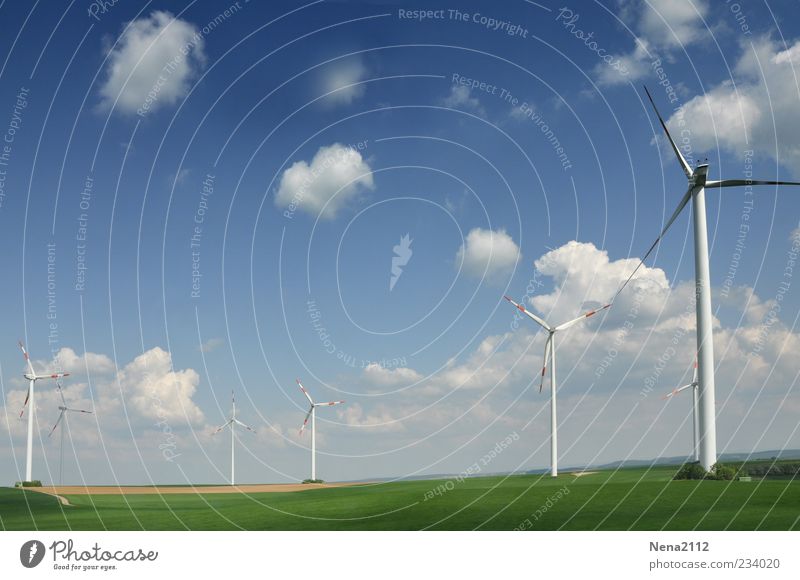 Windpower Energiewirtschaft Erneuerbare Energie Windkraftanlage Umwelt Himmel Wolken Klima Wetter Schönes Wetter blau grün ökologisch Umweltschutz Farbfoto