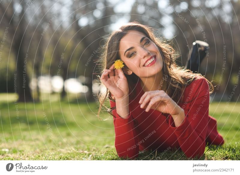 Lächelnde Frau, die auf Gras im Stadtpark liegt. Lifestyle Stil schön Haare & Frisuren Gesicht Erholung Sommer Mensch feminin Junge Frau Jugendliche Erwachsene