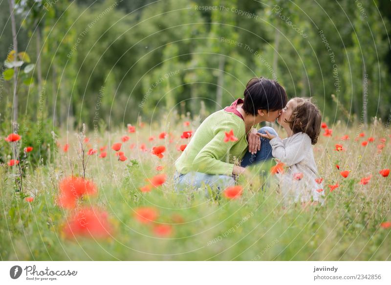 Glückliche Mutter küsst ihre kleine Tochter im Mohnfeld. Kind Mensch Mädchen Frau Erwachsene Familie & Verwandtschaft Kindheit 2 3-8 Jahre 30-45 Jahre Natur