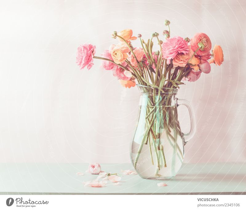 Pastellrosa Ranunculus Blumenstrauß im Glaskrug auf dem Tisch Lifestyle Stil Design Sommer Häusliches Leben Innenarchitektur Dekoration & Verzierung Muttertag