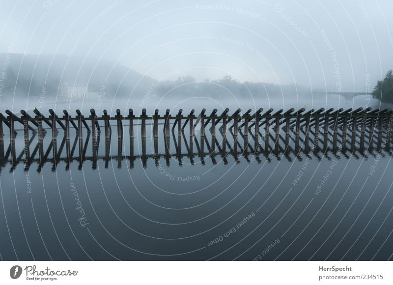 Moldau-Morgennebel Wasser Nebel Fluss Menschenleer Brücke Flußwehr ästhetisch schön grau ruhig kalt Stimmung Ferne Barriere Farbfoto Außenaufnahme