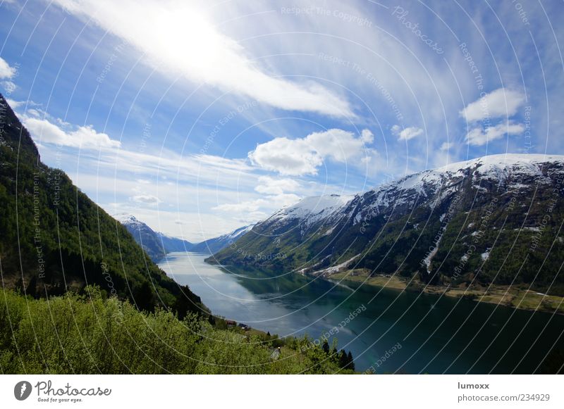 fjordland Umwelt Natur Landschaft Erde Wasser Himmel Wolken Frühling Schönes Wetter Berge u. Gebirge Schneebedeckte Gipfel Küste Fjord Norwegen Europa