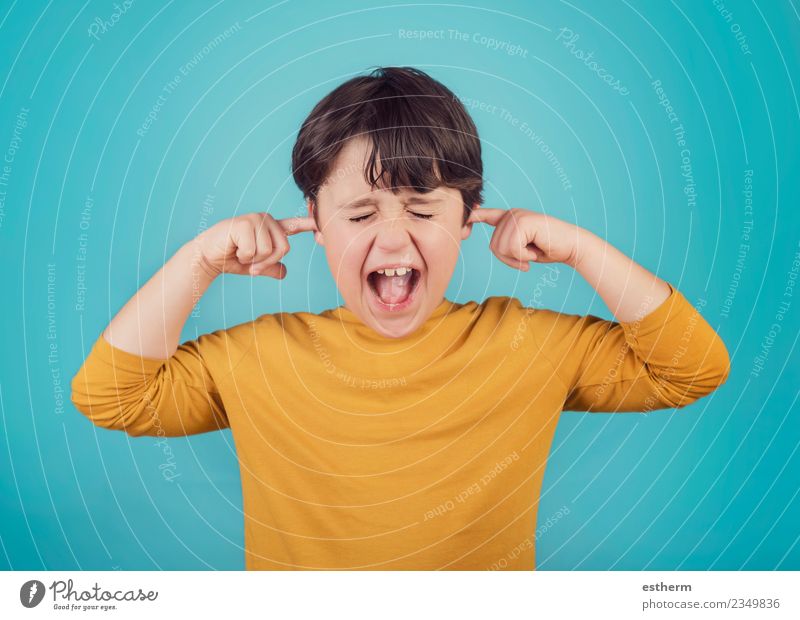 Porträt eines schreienden kleinen Jungen, der die Ohren mit Händen bedeckt. Lifestyle Mensch Kind Kindheit 3-8 Jahre sprechen Fitness Aggression bedrohlich