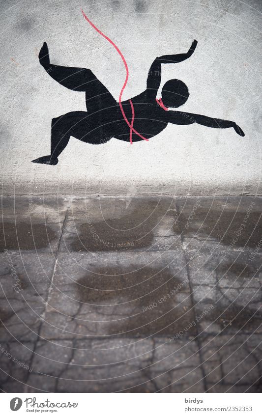 Abstürzende menschliche Abbildung Absturz fallen gerissen Graffiti Todesangst Klettern androgyn Bergsteigen 1 Mensch Mauer Sicherungsseil Wand bedrohlich