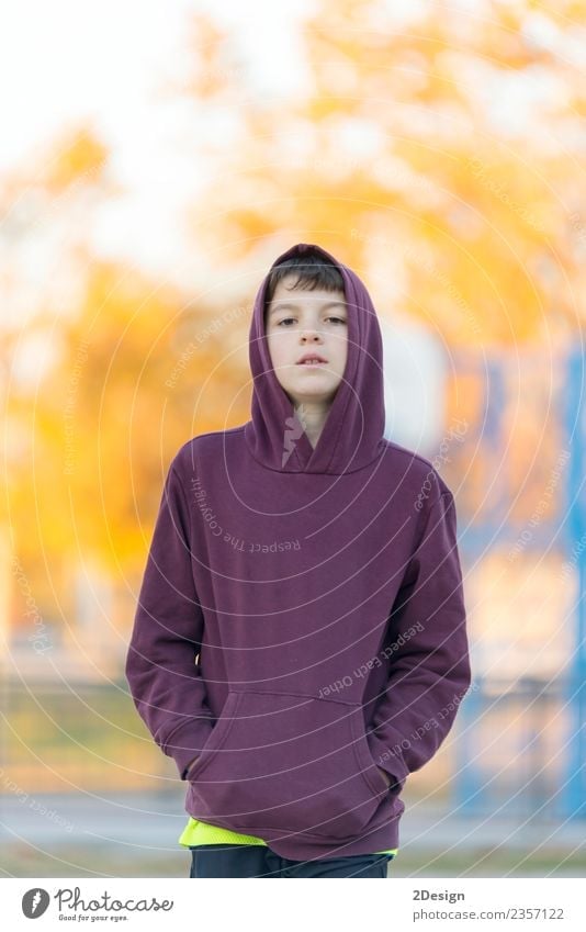 Teenager-Junge in Kapuze über dem Hintergrund der Parknatur. Lifestyle schön Gesicht Kind Mensch maskulin Mann Erwachsene Kindheit 1 8-13 Jahre Natur Herbst