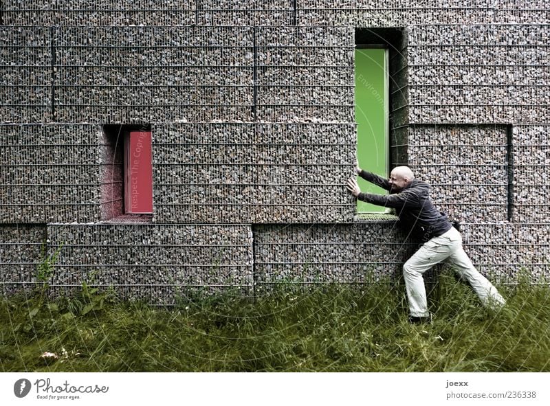 Machtverteilung maskulin Mann Erwachsene 1 Mensch 30-45 Jahre Gras Wiese Mauer Wand grau grün rot Kraft Tatkraft Tetris rot-grün Verschiebung verschieben