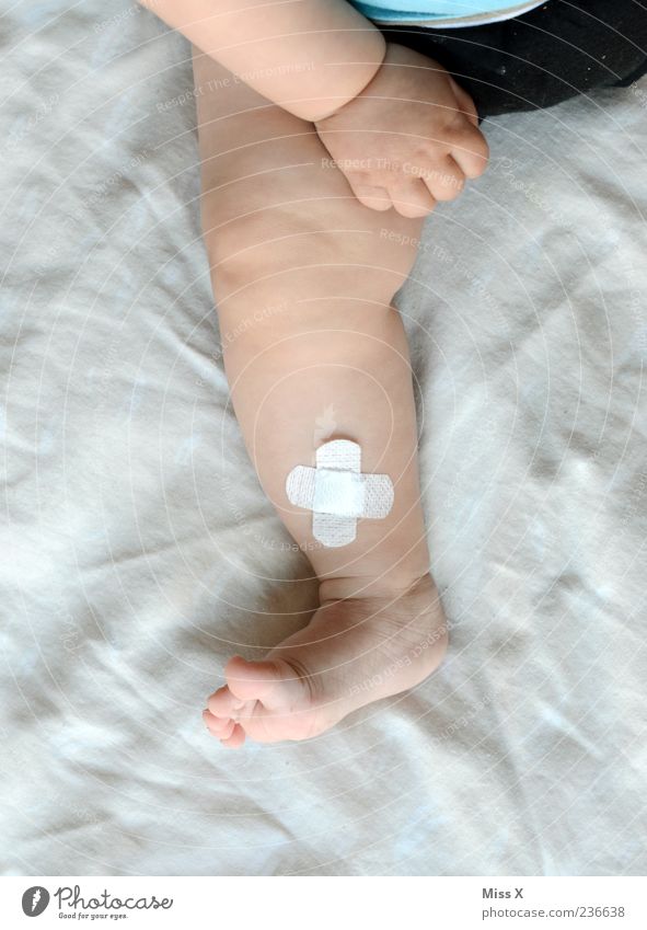 Das große Aua! Krankheit Mensch Baby Kleinkind Beine Fuß 1 0-12 Monate Schmerz Impfung Heftpflaster Wunde Farbfoto Innenaufnahme Textfreiraum links