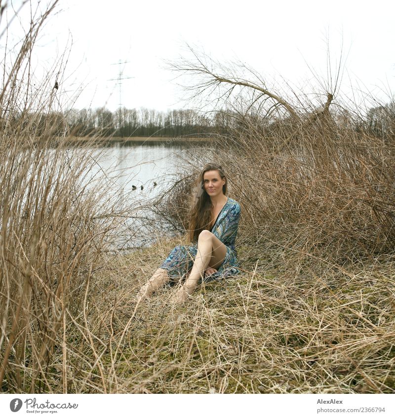 analoges Mittelformat- Portrait einer jungen Frau im Sommerkleid, die barfuß zwischen Büschen in der Natur an einem Seeufer sitzt Freude schön Leben harmonisch