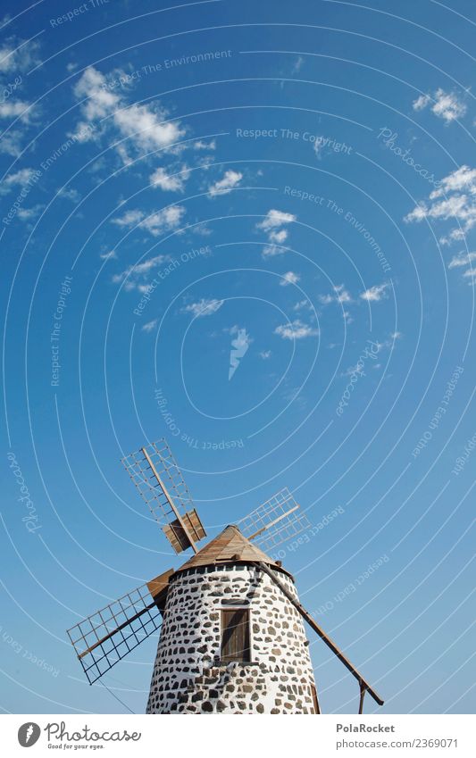 #AS# Blaue Mühle Kunst ästhetisch Windmühle Windmühlenflügel Windstille Windkraftanlage Fuerteventura Spanien Blauer Himmel Urlaubsfoto Farbfoto mehrfarbig