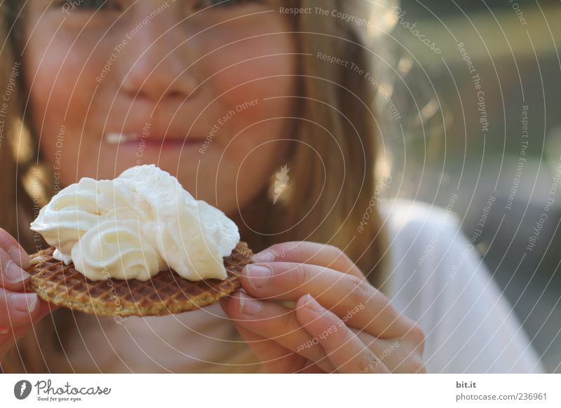 Süß macht Backen glücklich rund Lebensmittel Kuchen Süßwaren Ernährung Essen Fingerfood Mädchen Kindheit Kopf Gesicht Mund Lippen Hand 1 Mensch 8-13 Jahre