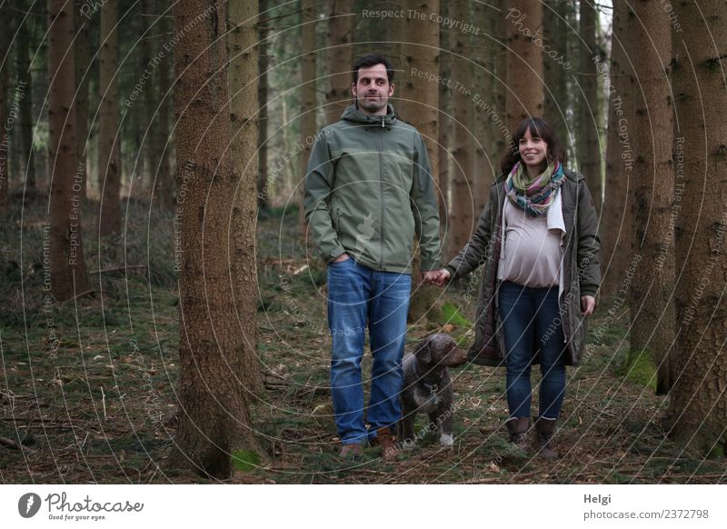 junges Paar mit Hund steht im Wald, die Frau ist schwanger Mensch maskulin feminin Erwachsene Mann Partner 2 30-45 Jahre Umwelt Natur Landschaft Frühling Baum