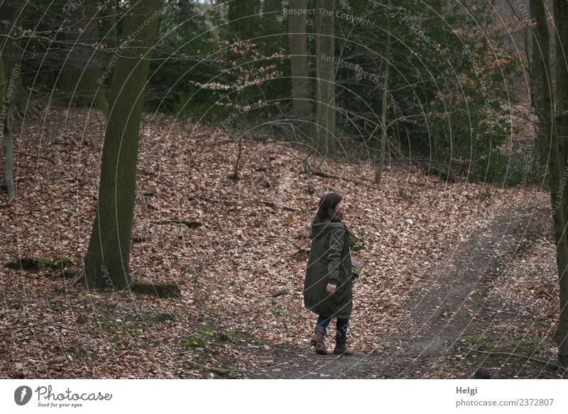 Gesundheit | Junge Frau geht im Herbstwald spazieren und  schaut lachend zur Seite weiblich brünett langhaarig Bekleidung Mantel Stiefel Wald Waldspaziergang
