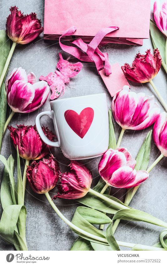 Rosa Tulpen und weiße Tasse mit Herz kaufen Stil Design Veranstaltung Feste & Feiern Valentinstag Muttertag Hochzeit Geburtstag Natur Pflanze Blume