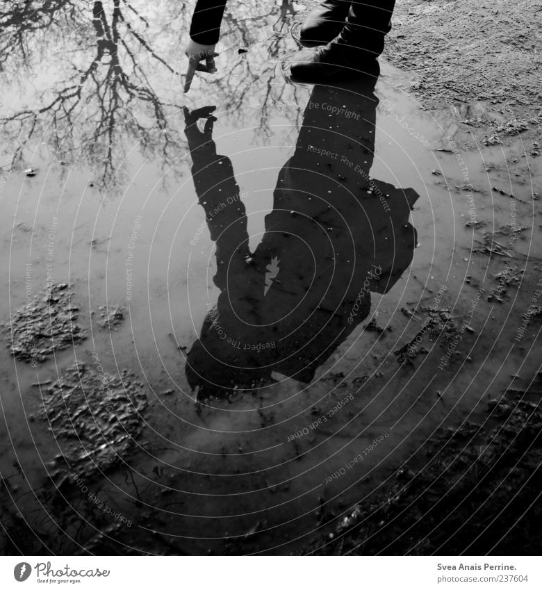 tauche in den Himmel ein. 1 Mensch schlechtes Wetter Baum Stiefel kalt dünn Traurigkeit Sorge Trauer Wasser Reflexion & Spiegelung Spiegelbild Schatten dunkel