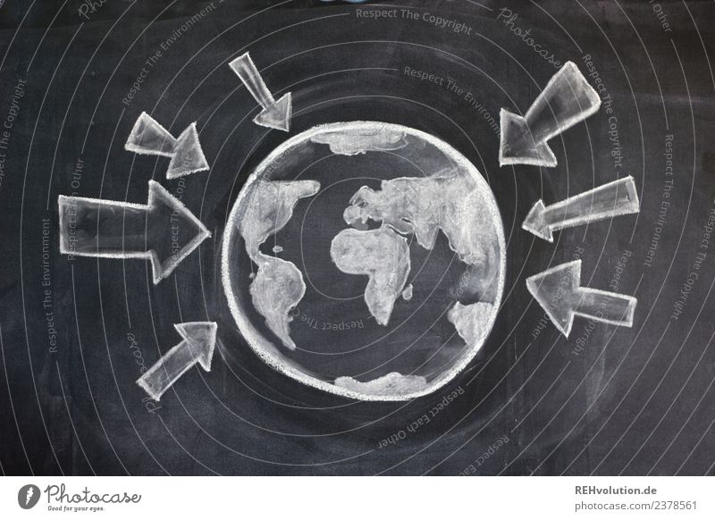 Tafelzeichnung | Welt mit Pfeilen Kugel Umwelt Umweltverschmutzung Umweltschutz Erde Planet Globus Druck Hinweisschild Geografie Farbfoto Innenaufnahme