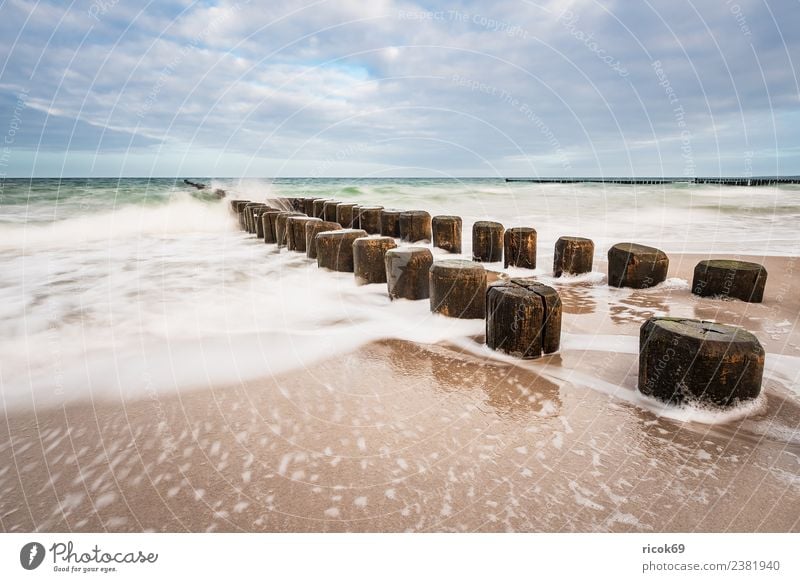 Buhnen an der Küste der Ostsee an einem stürmischen Tag Erholung Ferien & Urlaub & Reisen Tourismus Strand Meer Wellen Natur Landschaft Wasser Wolken Sturm Holz