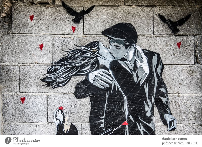 küssen Kunst Gemälde Kultur Jugendkultur berühren Küssen Liebe Coolness Stadt grau rot schwarz Gefühle Glück Freundschaft Zusammensein Verliebtheit Romantik