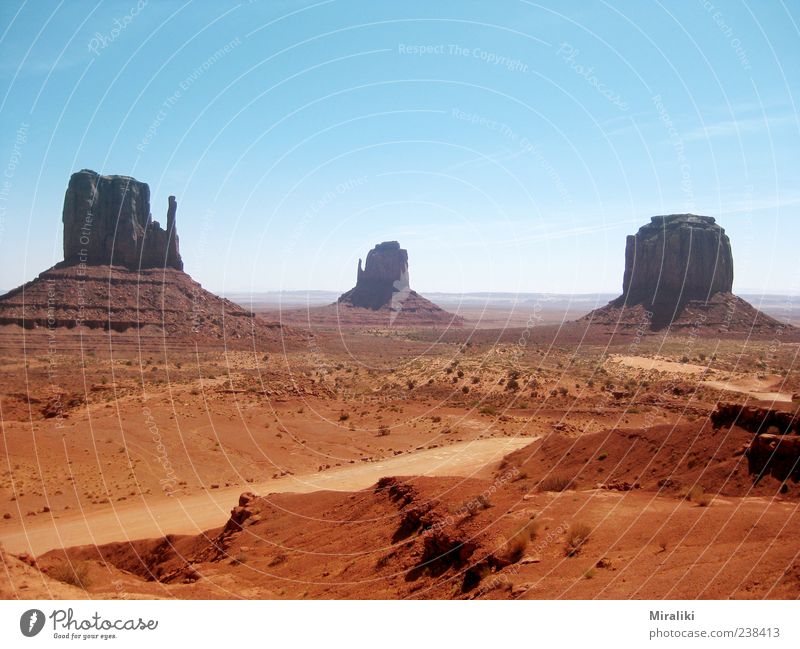 Monument Valley Landschaft Wolkenloser Himmel Schönes Wetter Berge u. Gebirge Schlucht heiß Navajo-Nation-Reservation West Mitten Butte East Mitten Butte