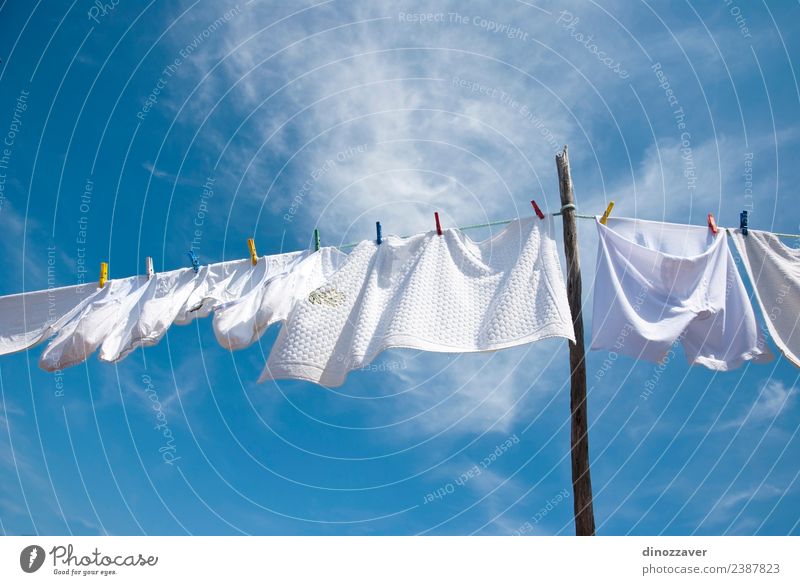 Weißer Wäschetrockner Sommer Sonne Seil Himmel Wind Bekleidung T-Shirt Hemd Hose Unterwäsche Linie hängen frisch hell Sauberkeit blau rot weiß Energie Farbe