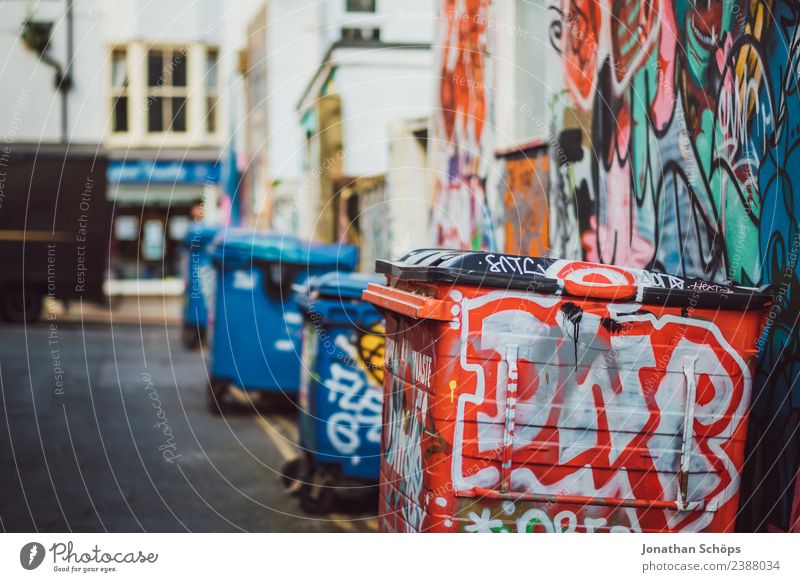 Müllcontainer im Hinterhof in Brighton, England Stadt Stadtzentrum Stadtrand bevölkert Haus Bauwerk Gebäude Architektur Fassade ästhetisch mehrfarbig Graffiti