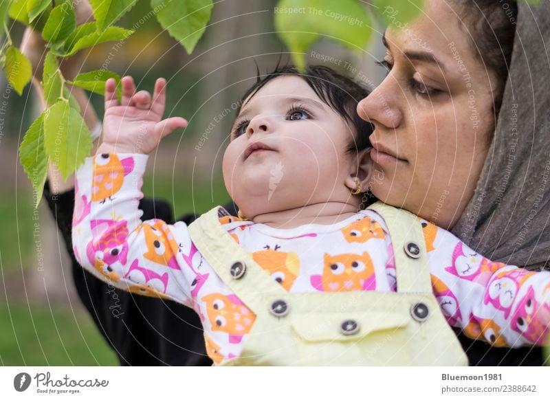 Kleines Baby erforscht und berührt in der Umarmung seiner Mutter neue Frühlingsblätter schön Leben Erholung Kind Mensch Frau Erwachsene Eltern