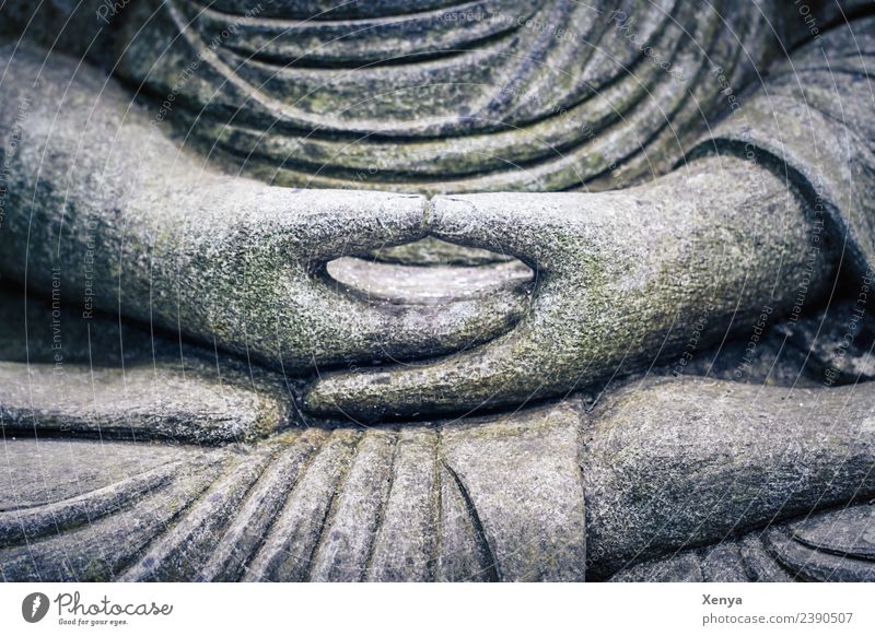Gefaltete Hände Buddha Statue Skulptur Stein grau Gelassenheit ruhig Glaube Lotussitz Gebet Meditation Buddhismus Gedeckte Farben Außenaufnahme Menschenleer Tag