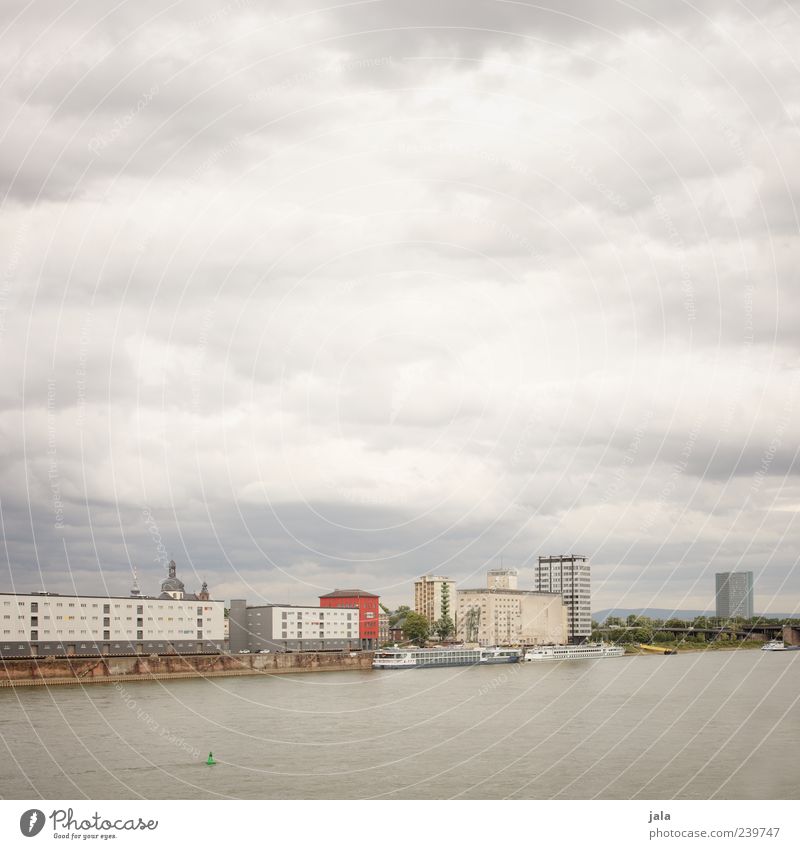 rhein Himmel Wolken Flussufer Rhein Stadt Haus Hochhaus Fabrik Bauwerk Gebäude Schifffahrt Binnenschifffahrt Passagierschiff trist Farbfoto Außenaufnahme
