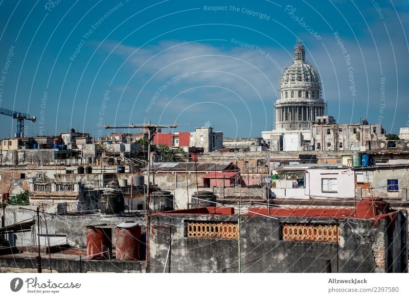 Blick über Havanna Vieja auf das Capitol Kuba Kapitol Skyline Aussicht Wohnhaus Wohnhochhaus baufällig Baustelle Blauer Himmel Wolkenloser Himmel Sommer