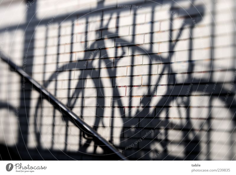 locked Fahrrad Mauer Wand Treppengeländer Verkehrsmittel Stein Metall Linie stehen dunkel grau schwarz silber ruhig einzigartig parken Farbfoto Außenaufnahme