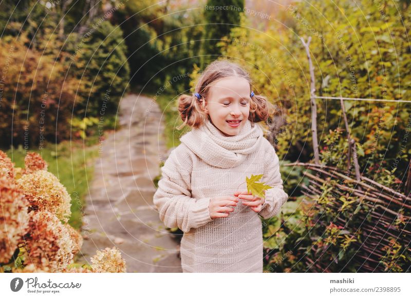 Kind Mädchen Spaziergang im Herbstgarten Lifestyle Freude Ferien & Urlaub & Reisen Garten Arbeit & Erwerbstätigkeit Natur Blume Blatt Wege & Pfade Pullover