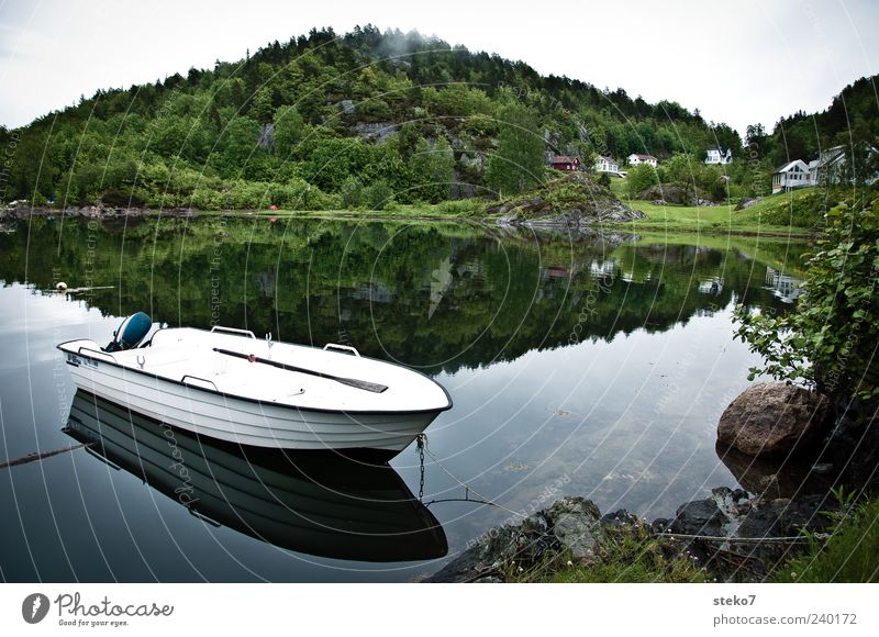 Spiegelsee Wald Hügel Seeufer Haus Ruderboot grün weiß ruhig stagnierend Norwegen Reisefotografie Postkarte ankern Farbfoto Außenaufnahme Menschenleer Morgen