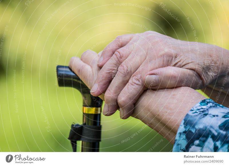 eine alte Frau hat ihre Hände auf einen Krückstock gelegt Ruhestand Mensch feminin Erwachsene Weiblicher Senior Mutter Hand 1 Erholung trösten Gelassenheit