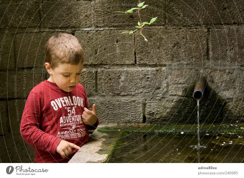 Neugier Junge beobachten Denken entdecken Erfahrung Farbfoto mehrfarbig Außenaufnahme Sonnenlicht Blick nach unten Brunnen Wasser zeigen Zeigefinger