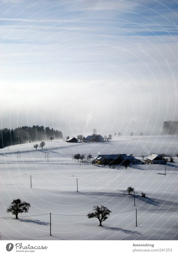 Winterlandschaft Umwelt Natur Landschaft Pflanze Luft Himmel Wolken Horizont Wetter schlechtes Wetter Nebel Eis Frost Schnee Baum Hügel Haus Bauwerk Gebäude