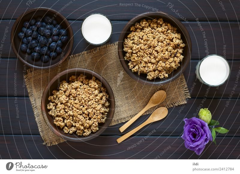 Frühstücksflocken mit Heidelbeeren und Milch Frucht süß Lebensmittel Müsli Haferflocken gerollt Beeren Blaubeeren trocknen gesüßt Gesundheit Mahlzeit Speise