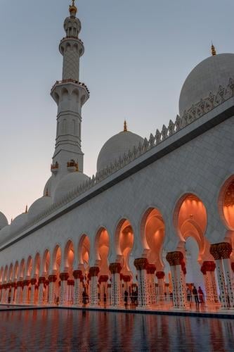 Außenseite Scheich Zayid Moschee Abu Dhabi im Sonnenuntergang Ferien & Urlaub & Reisen Tourismus Ausflug Ferne Sightseeing Städtereise Sommer Architektur