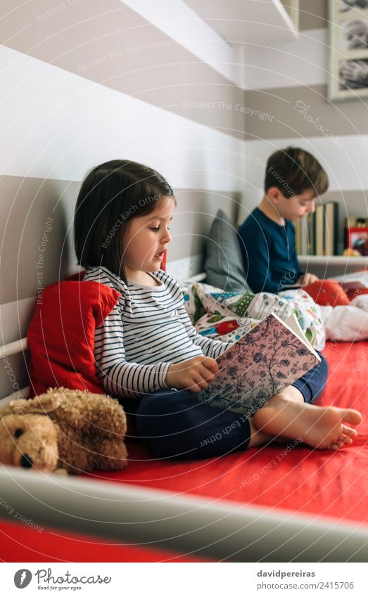 Mädchen und Junge lesen ein Buch auf dem Bett sitzend Lifestyle schön Windstille Schlafzimmer Kind Schule Mensch Frau Erwachsene Mann Schwester