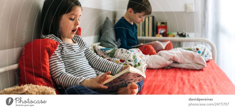 Mädchen und Junge lesen ein Buch auf dem Bett sitzend Lifestyle schön Windstille Schlafzimmer Kind Schule Mensch Frau Erwachsene Mann Schwester Kindheit Hund