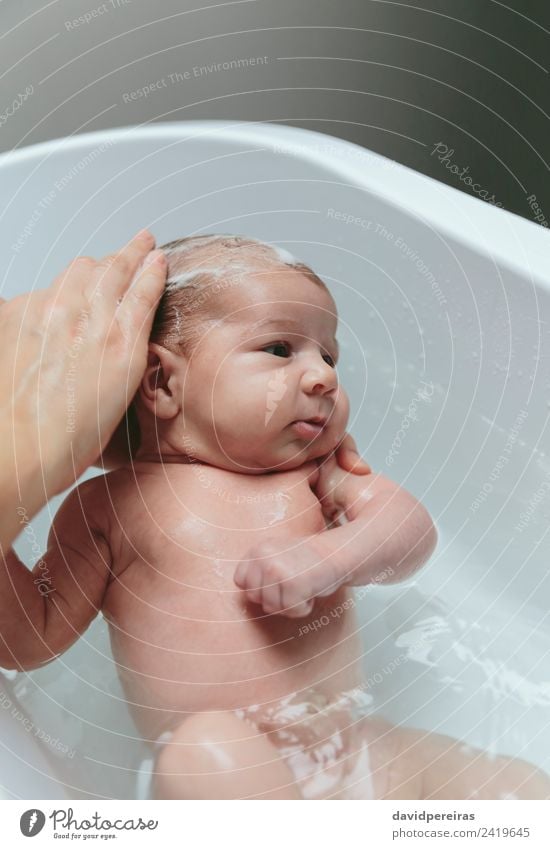 Neugeborenes in der Badewanne mit ihrer Mutter, die ihre Haare wäscht. Lifestyle schön ruhig Kind Mensch Baby Frau Erwachsene Hand authentisch klein modern