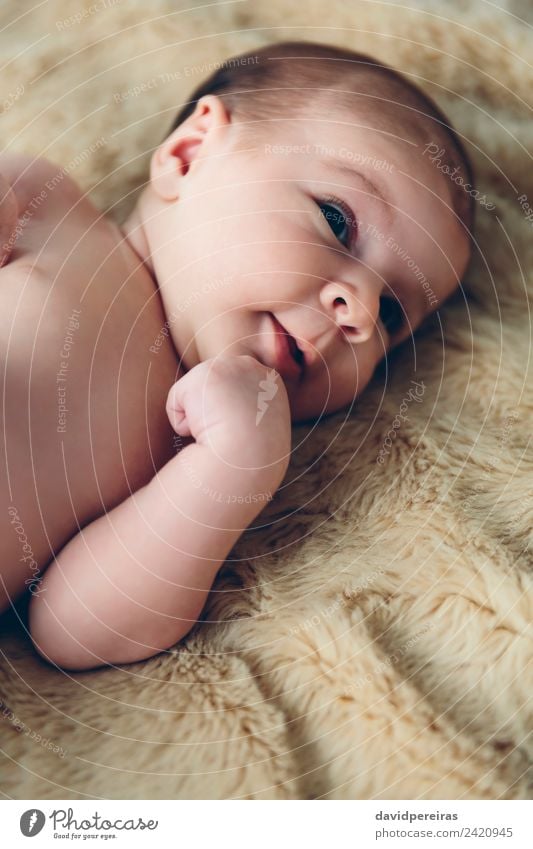 Neugeborenes Baby wach auf einer Decke Glück schön Gesicht ruhig Schlafzimmer Kind Mensch Frau Erwachsene Kindheit Wärme authentisch klein nackt niedlich