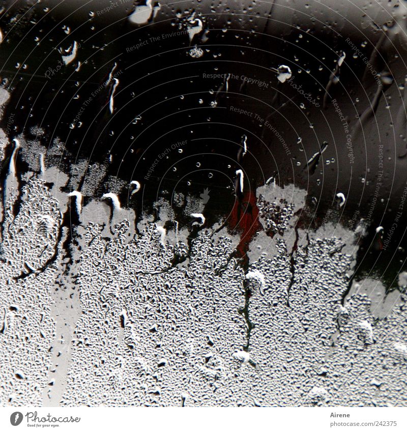 Draußen regnet's Urelemente Wasser Wassertropfen Wetter schlechtes Wetter Regen Menschenleer Fenster Glas Tropfen dunkel nass rot schwarz weiß Surrealismus