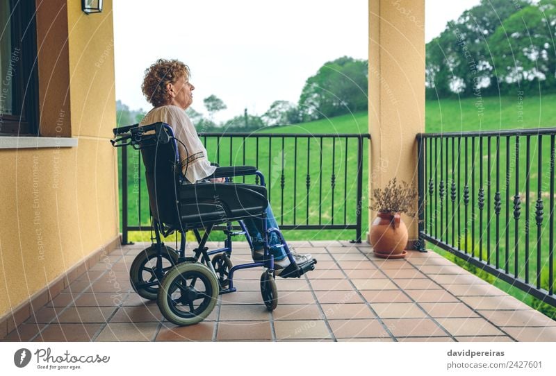 Ältere Frau im Rollstuhl Gesundheitswesen Medikament Erholung Haus Ruhestand Mensch Erwachsene Großmutter Pflanze Baum Gras Stadt alt sitzen Traurigkeit