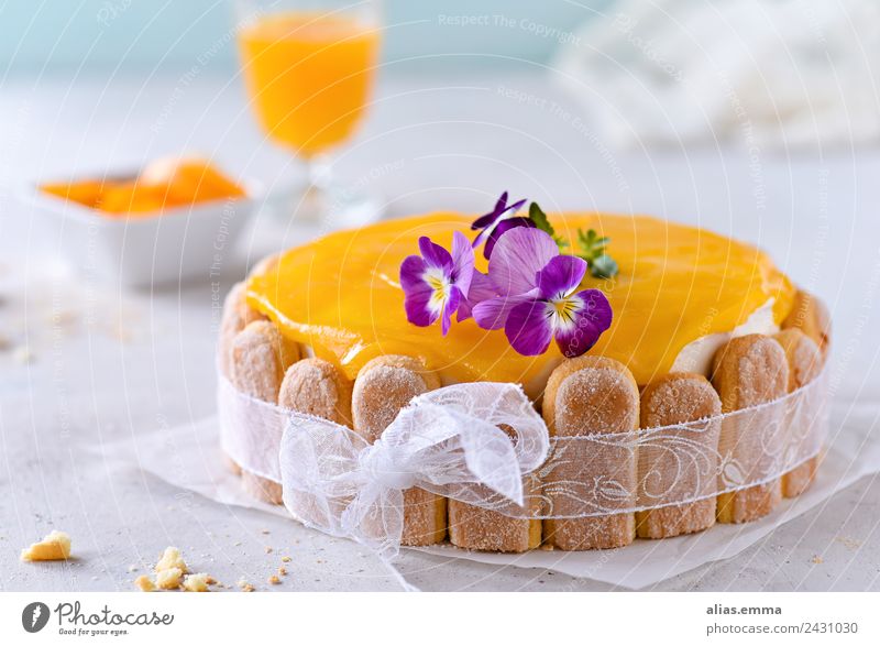 Maracuja-Pfirsich-Torte Kuchen backen orange Sommer Erfrischung Backwaren Dessert löffelbiskuit süß Konditorei konfiserie lecker rezept Lebensmittel